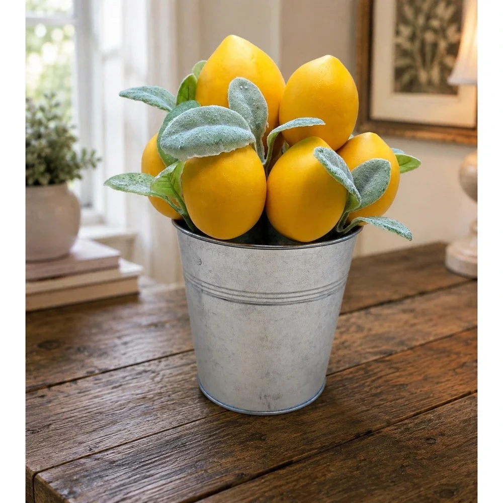 Faux Lemon Arrangement in Galvanized Metal Bucket Farmhouse Centerpiece Decor